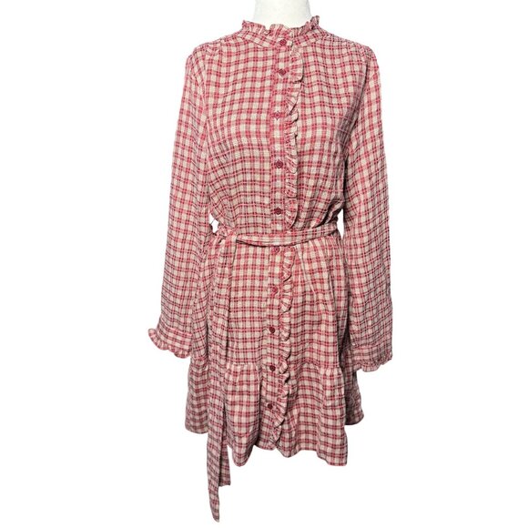 NEW Hem & Thread Womens M Plaid Shirtdress Ruffle Pink White Botton Long Sleeve - Picture 8 of 15